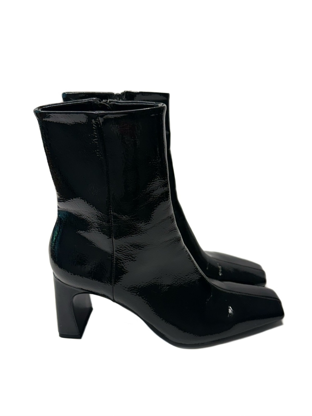 ZARA Black Patent Square-Toe Mid Heel Ankle Boots NWT